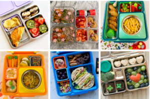 a collage of different containers of food