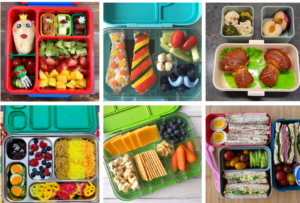 a collage of different containers of food